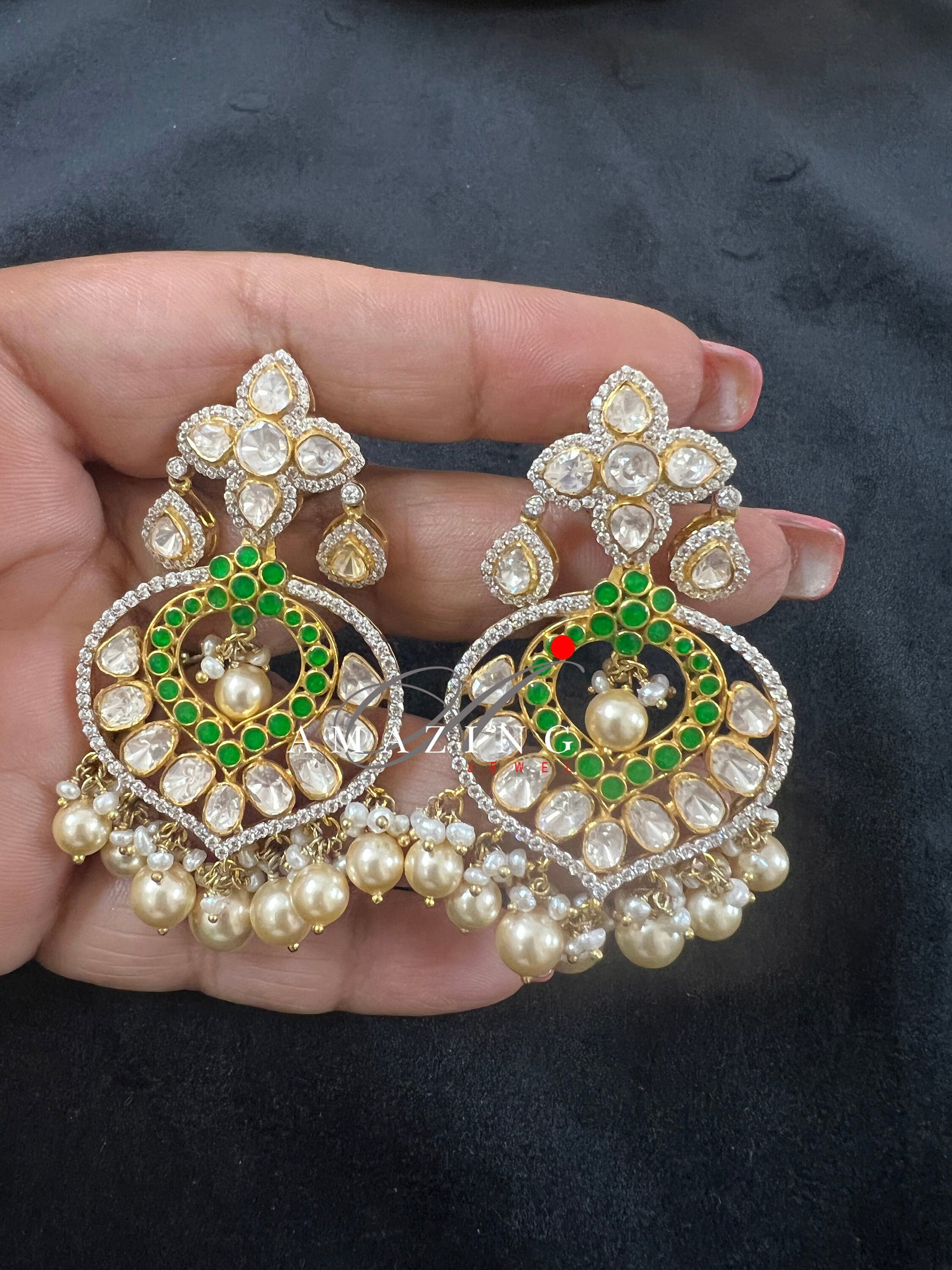 Silver Polki Chandbali, Emerald Earring, Kundan Chandbali, Bridal Jewelery, Traditional Jewelery, 925 Silver Earring, Chandbali, Mossianite