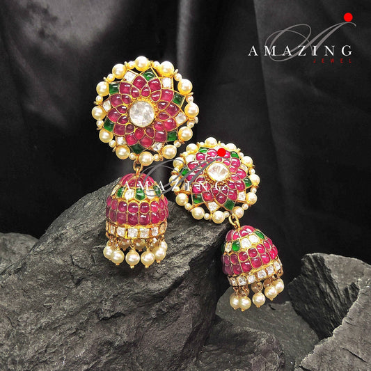 Silver Moissanite Polki Hydro Emerald & Ruby Cabs with Sea Pearls Earring Moissanite Polki Earring Jhumka Bridal Jewelry 925 Sterling Silver