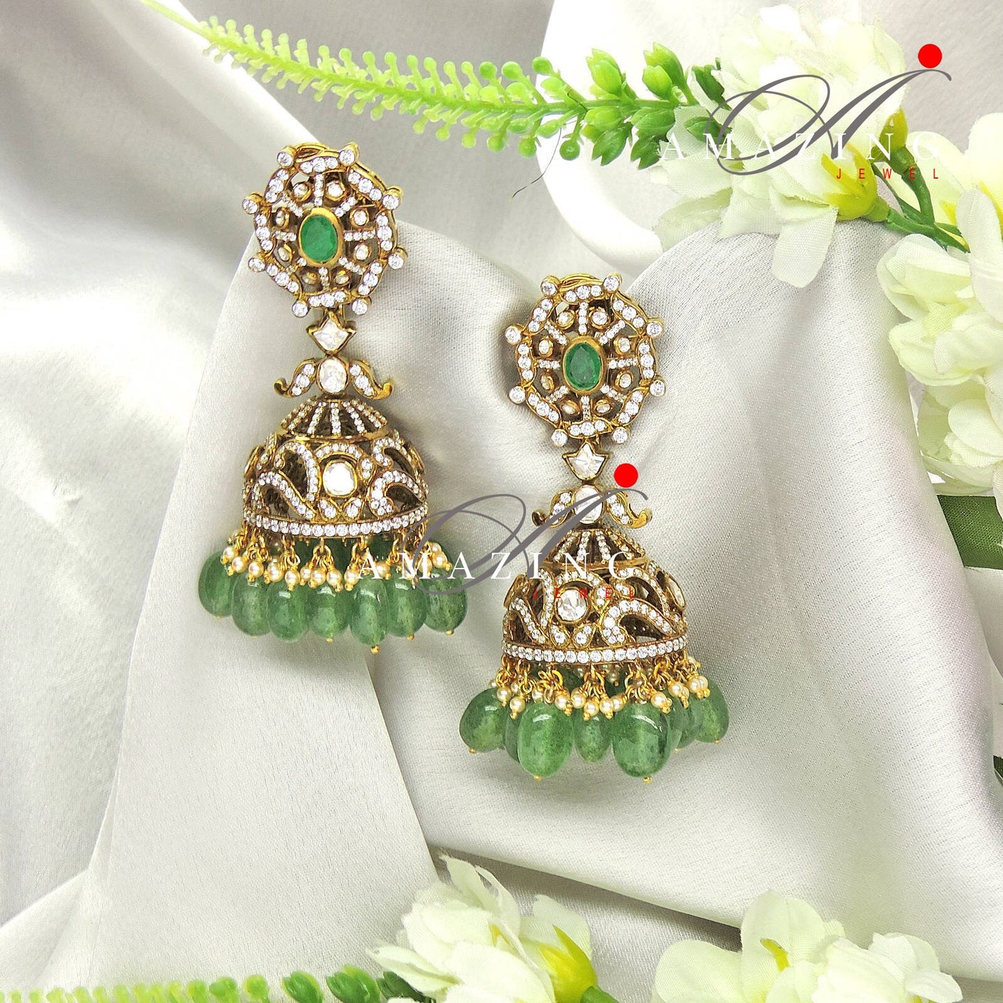 Silver Moissanite Polki Hydro Emerald Tumble Jhumka, Polki Kundan Earring, Indian Wedding Jewelery, Silver Polki Jhumki, Big Jhumka, Earring