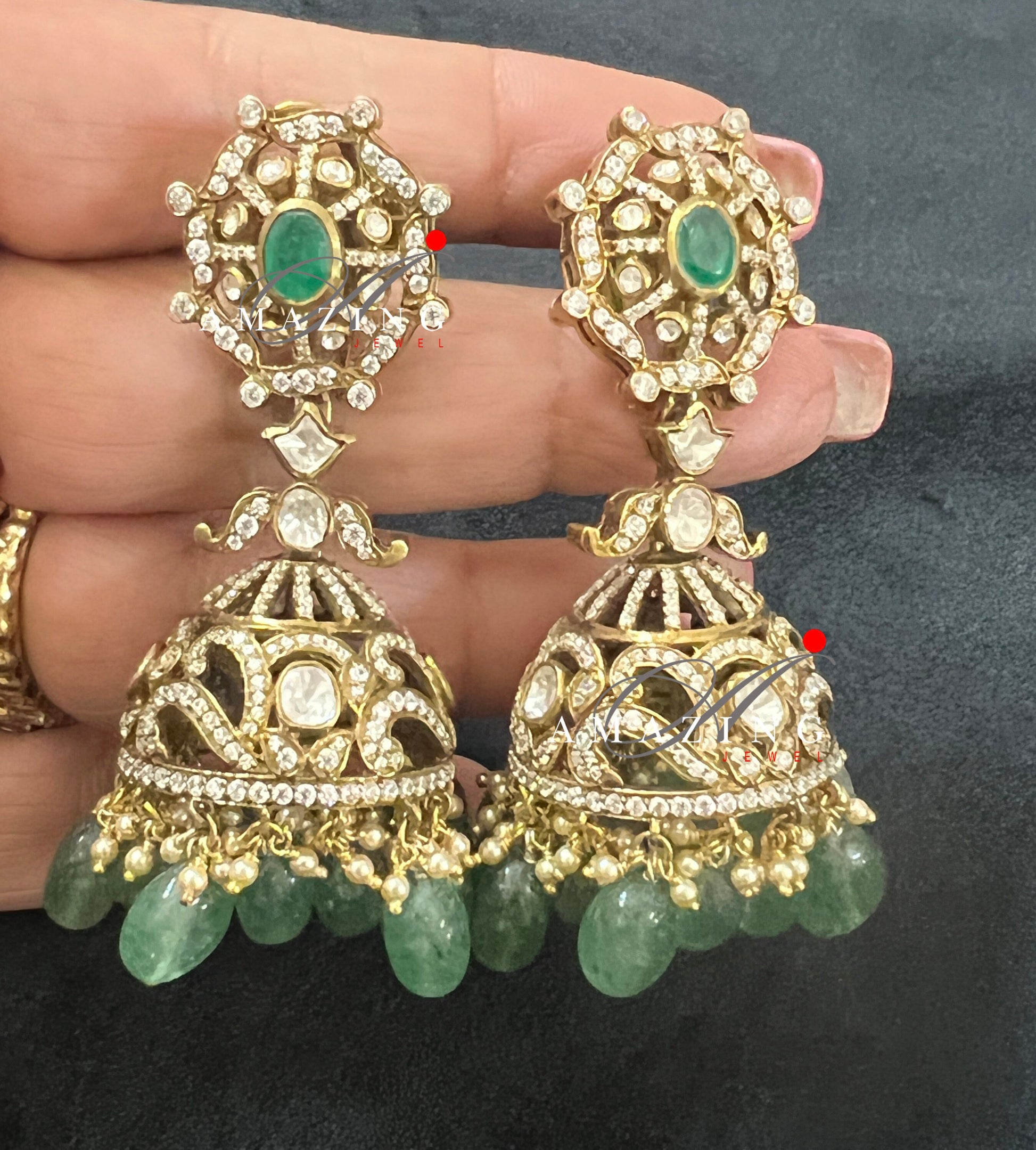 Silver Moissanite Polki Hydro Emerald Tumble Jhumka, Polki Kundan Earring, Indian Wedding Jewelery, Silver Polki Jhumki, Big Jhumka, Earring