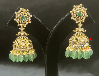 Silver Moissanite Polki Hydro Emerald Tumble Jhumka, Polki Kundan Earring, Indian Wedding Jewelery, Silver Polki Jhumki, Big Jhumka, Earring