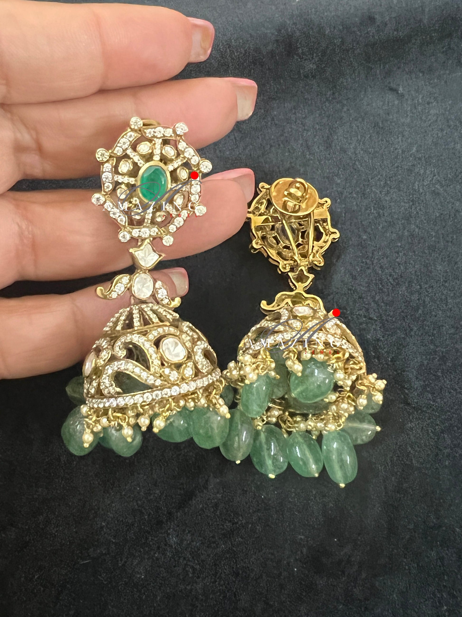 Silver Moissanite Polki Hydro Emerald Tumble Jhumka, Polki Kundan Earring, Indian Wedding Jewelery, Silver Polki Jhumki, Big Jhumka, Earring