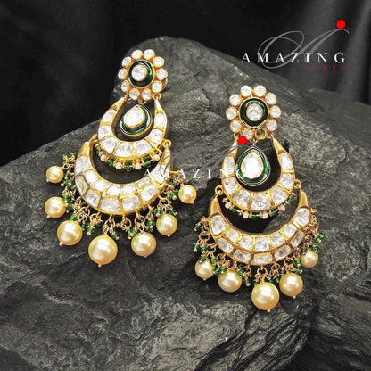 Silver Moissanite Polki Enamel Earring, Moissanite Kundan Chandbali, Bridal Jewelry, Traditional Jewelry, Sterling Silver Earring, Chandbali