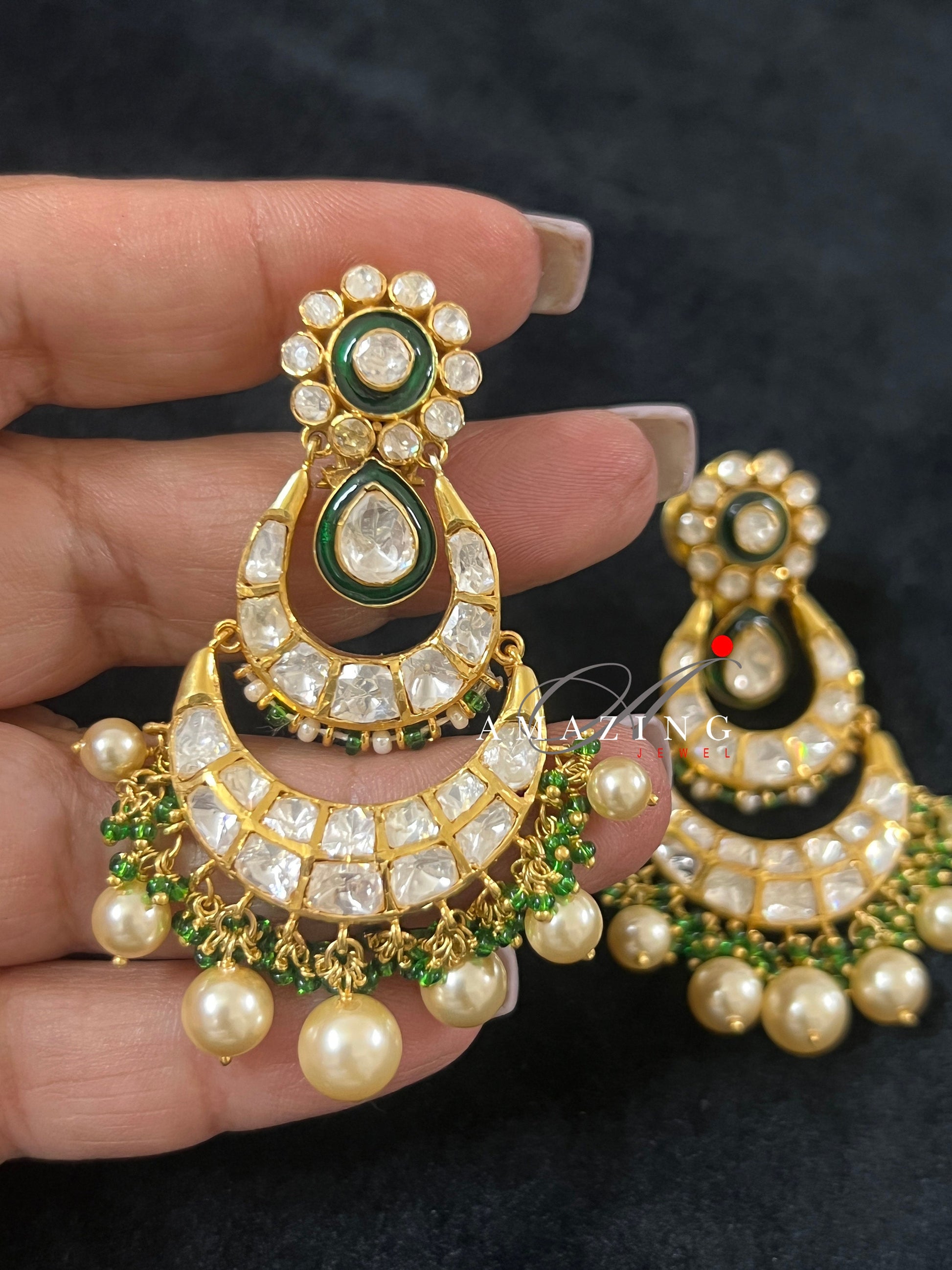 Silver Moissanite Polki Enamel Earring, Moissanite Kundan Chandbali, Bridal Jewelry, Traditional Jewelry, Sterling Silver Earring, Chandbali