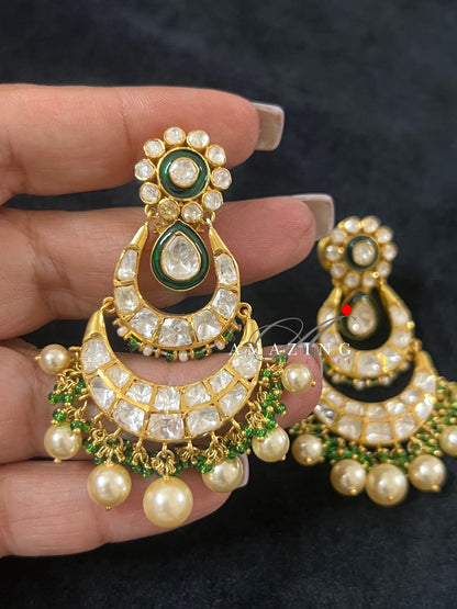 Silver Moissanite Polki Enamel Earring, Moissanite Kundan Chandbali, Bridal Jewelry, Traditional Jewelry, Sterling Silver Earring, Chandbali