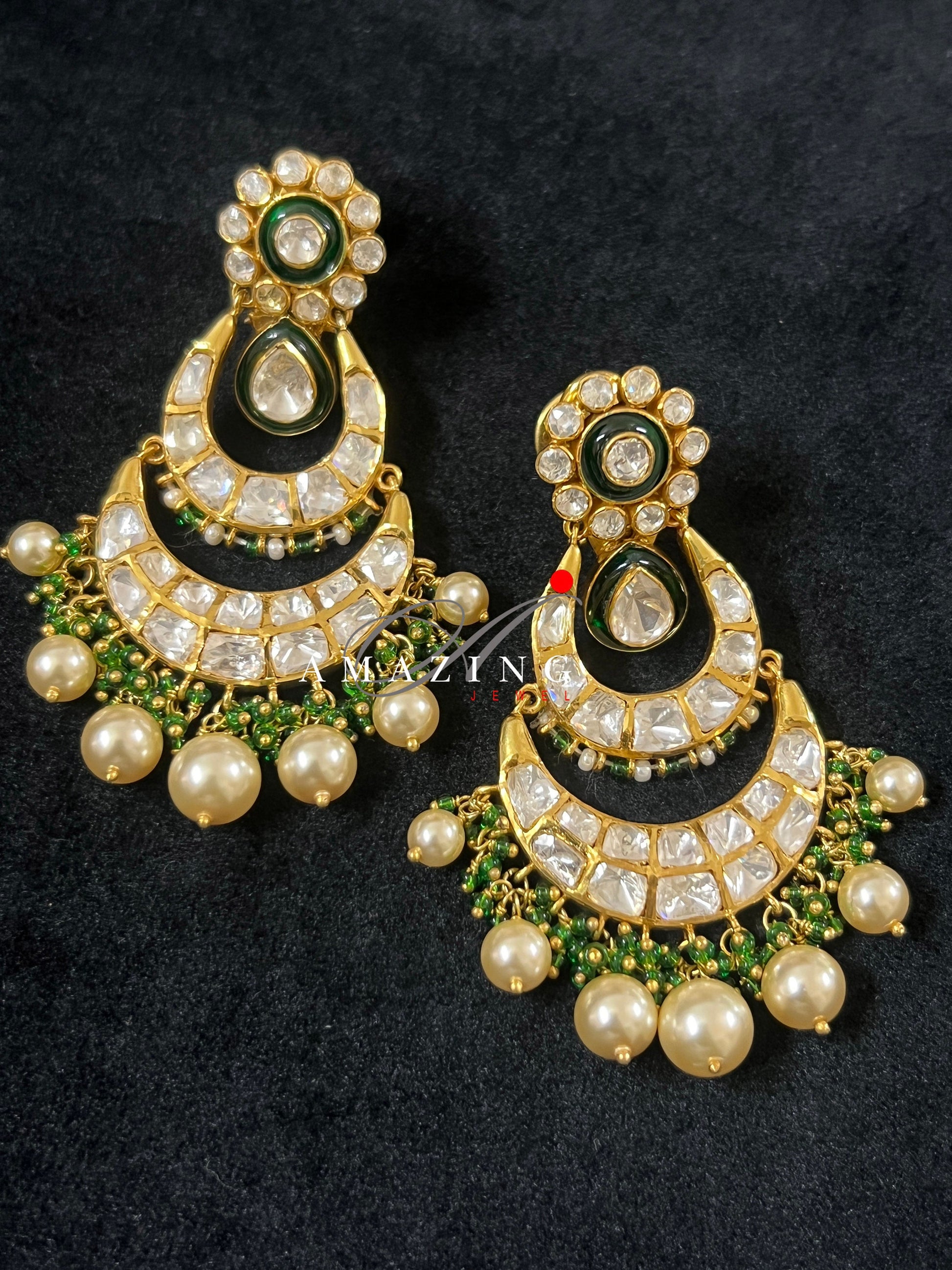 Silver Moissanite Polki Enamel Earring, Moissanite Kundan Chandbali, Bridal Jewelry, Traditional Jewelry, Sterling Silver Earring, Chandbali