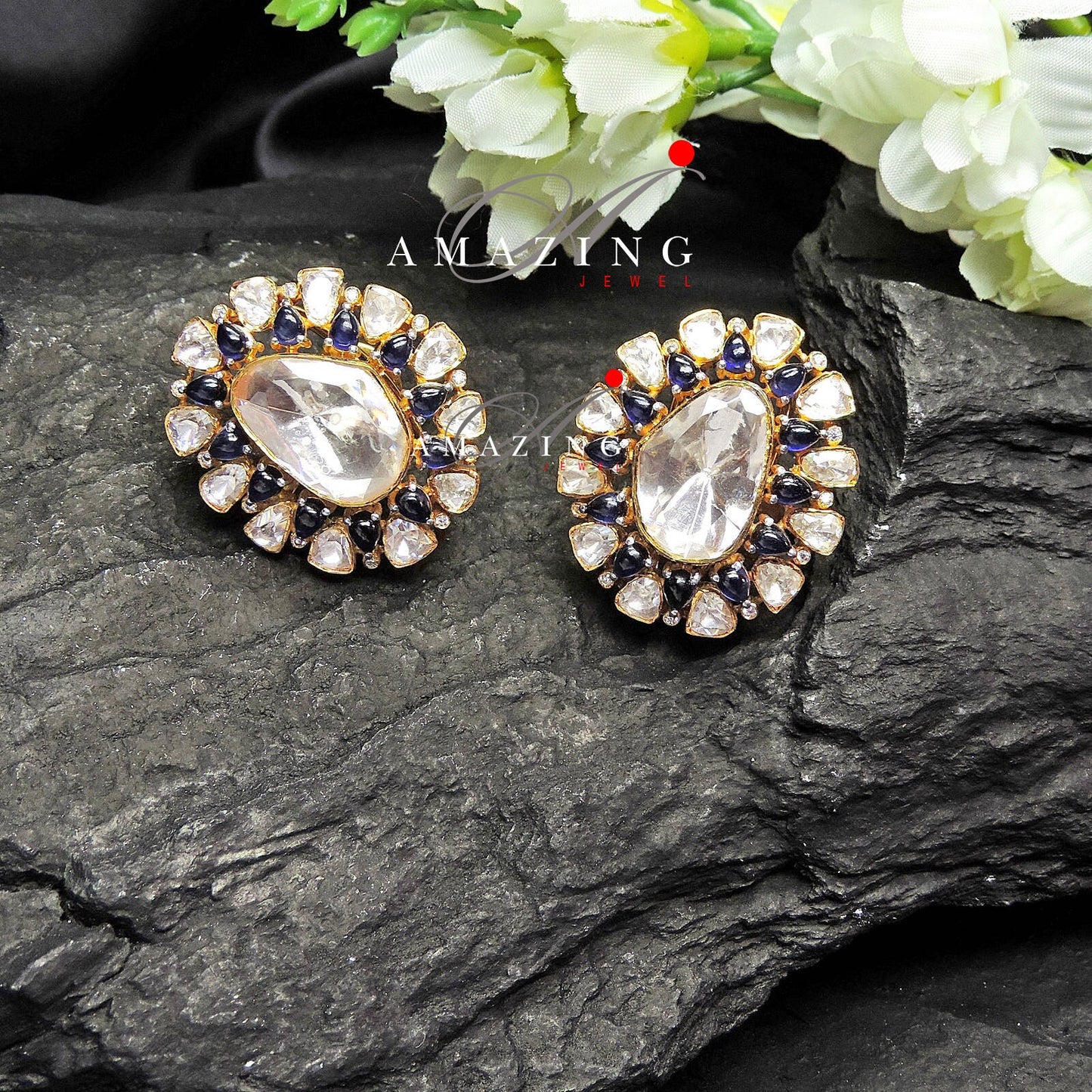 Silver Polki Earring, Wedding Jewelery, Moissanite Polki Earring, Silver Sapphire Stone Earring, Indian Jewelery, Statement Earring, Studs