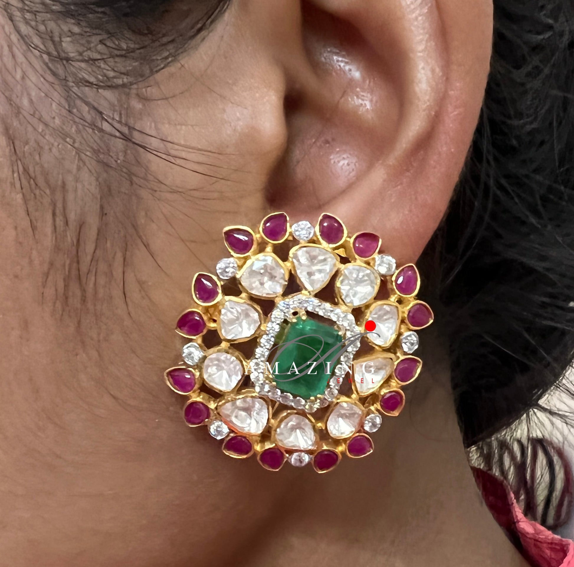 Silver Moissanite Green& Red Hydro Polki Earring, Moissanite Polki Earring, Wedding Jewelery, Indian Jewelery, Traditional Earring, Studs