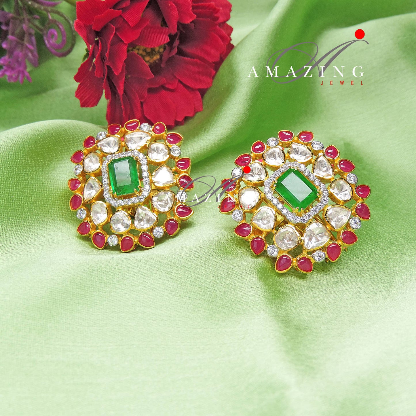 Silver Moissanite Green& Red Hydro Polki Earring, Moissanite Polki Earring, Wedding Jewelery, Indian Jewelery, Traditional Earring, Studs