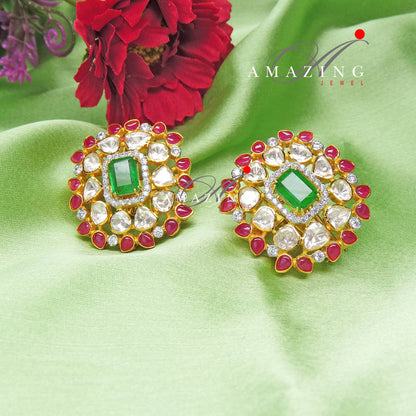 Silver Moissanite Green& Red Hydro Polki Earring, Moissanite Polki Earring, Wedding Jewelery, Indian Jewelery, Traditional Earring, Studs