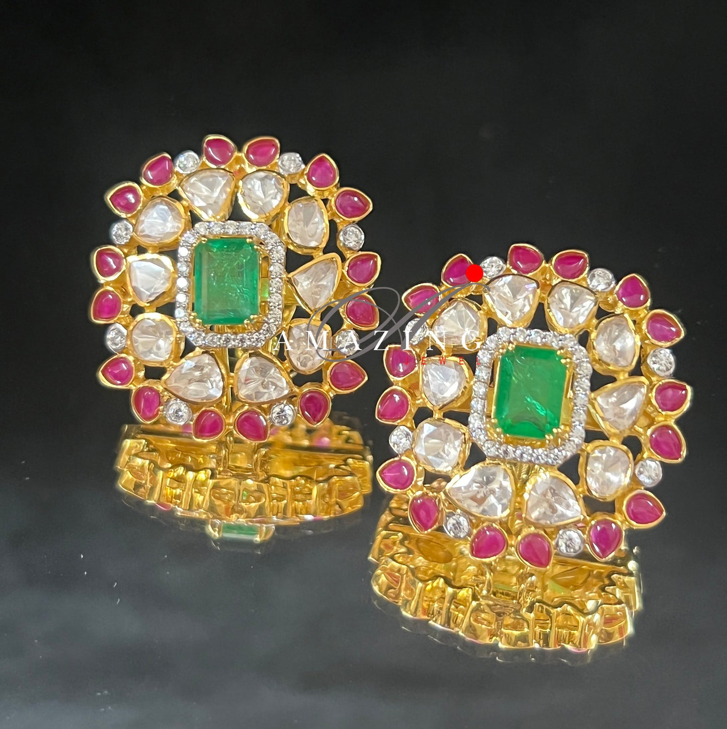 Silver Moissanite Green& Red Hydro Polki Earring, Moissanite Polki Earring, Wedding Jewelery, Indian Jewelery, Traditional Earring, Studs