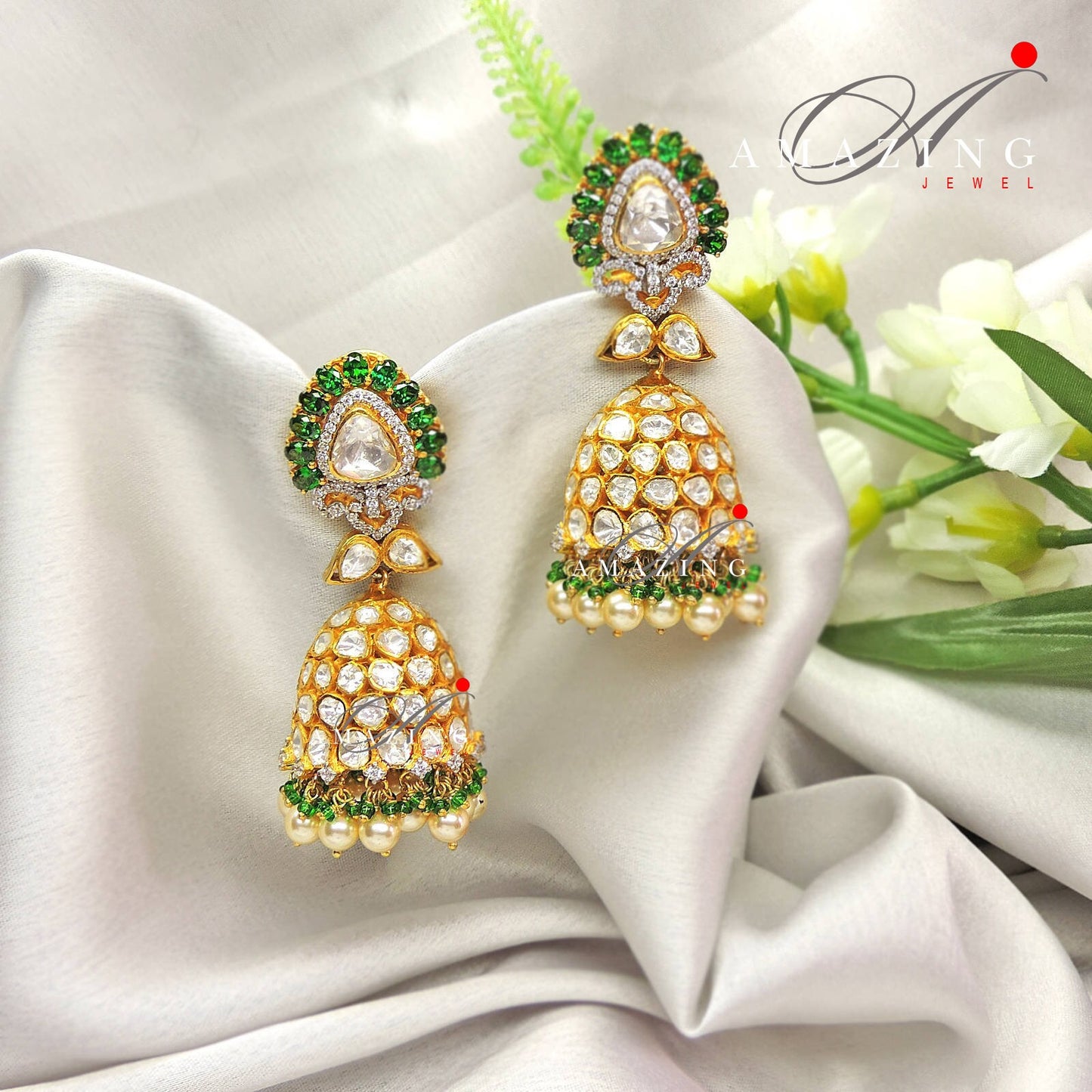 Silver Moissanite Polki  Emerald Jhumka, Polki Kundan Earring, Indian Wedding Jewelery, Moissanite Polki Jhumki,  Big Jhumka, Bridal Earring