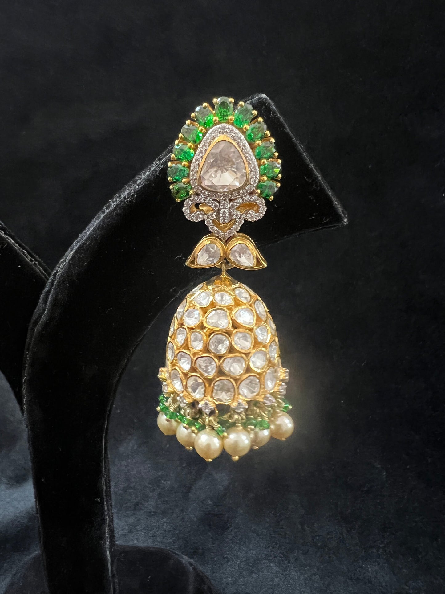 Silver Moissanite Polki  Emerald Jhumka, Polki Kundan Earring, Indian Wedding Jewelery, Moissanite Polki Jhumki,  Big Jhumka, Bridal Earring