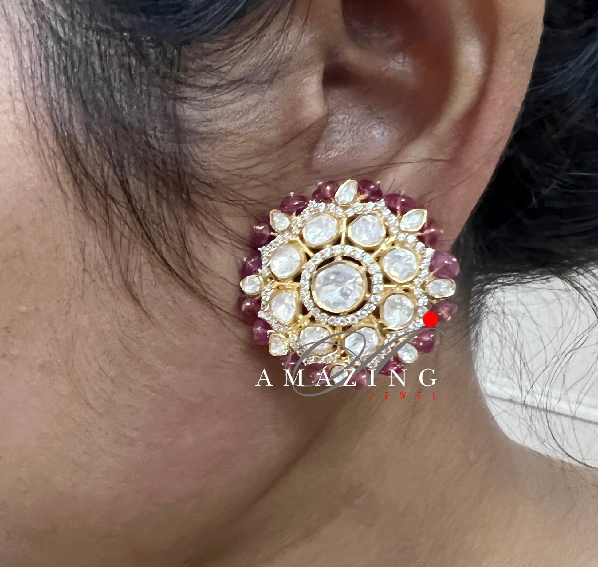 Silver Moissanite Polki Ruby Beads Earrings, Moissanite Polki Earring, Indian Wedding Jewelery, Silver Beads Polki Earring, Stud ,Ruby beads