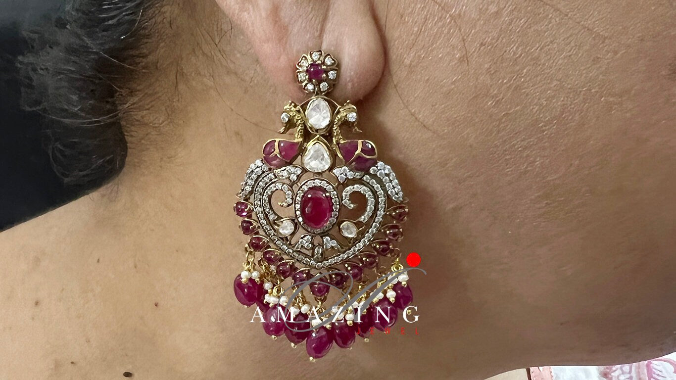 Silver Moissanite Polki & Swarovski Oxidised Earring, Wedding Jewelery, Moissanite Polki Earring, Ruby Polki Earring, Ruby Earring