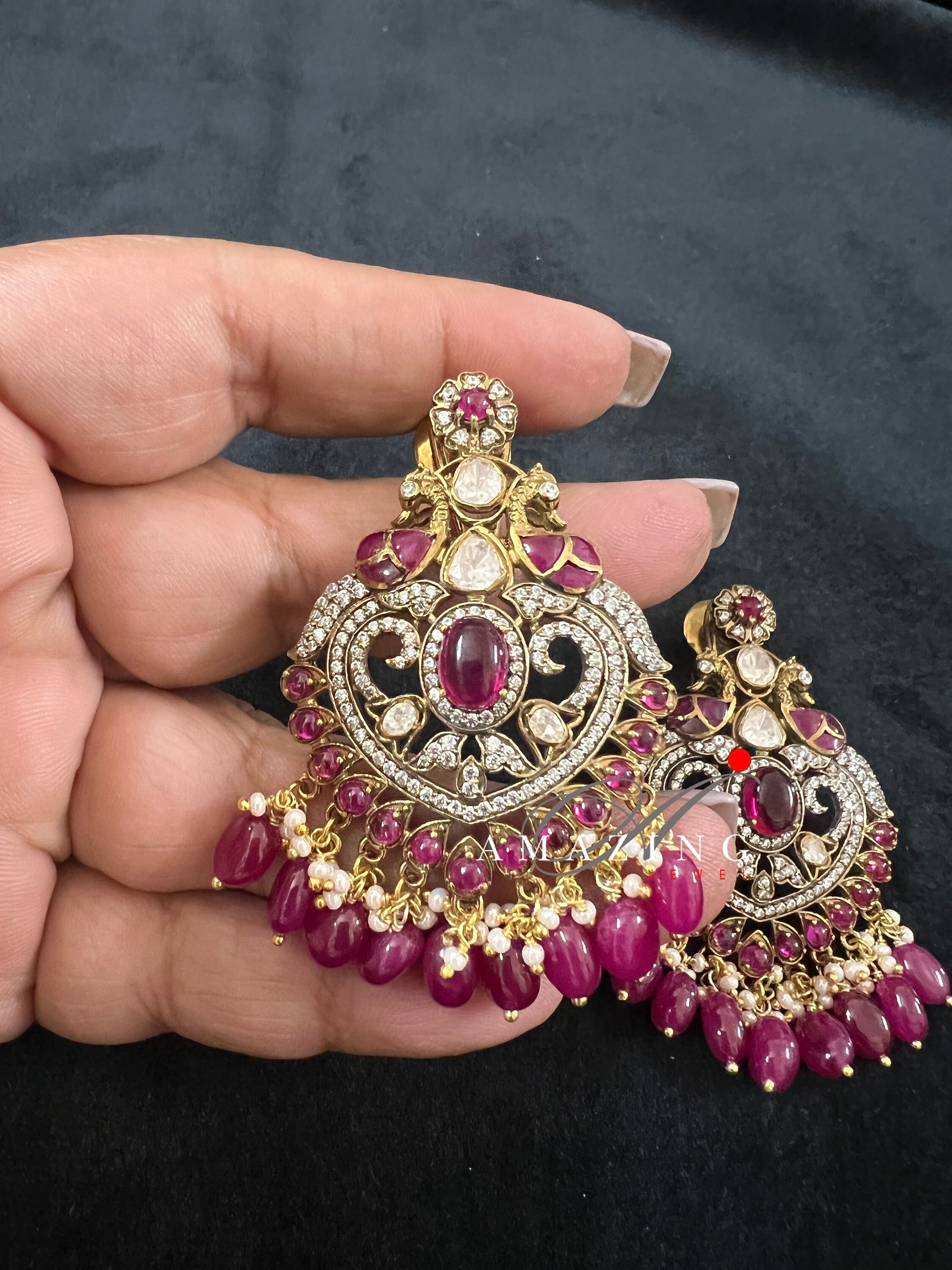 Silver Moissanite Polki & Swarovski Oxidised Earring, Wedding Jewelery, Moissanite Polki Earring, Ruby Polki Earring, Ruby Earring