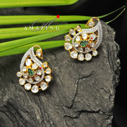 Silver Moissanite and Green Hydro Emerald, Polki Earring,  Moissanite Polki Earring, Wedding Jewelery,  Indian Jewelery, Traditional Earring