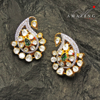 Silver Moissanite and Green Hydro Emerald, Polki Earring,  Moissanite Polki Earring, Wedding Jewelery,  Indian Jewelery, Traditional Earring