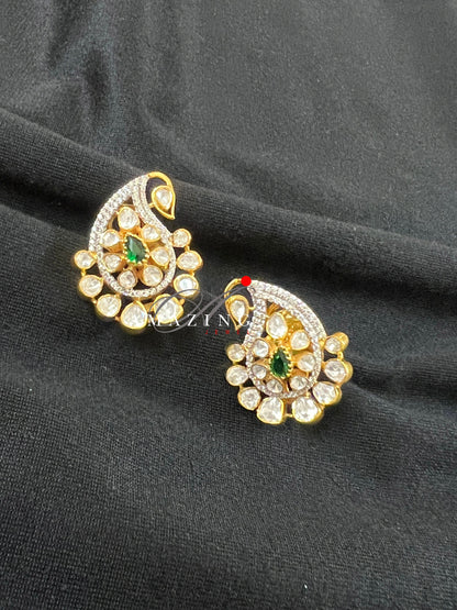 Silver Moissanite and Green Hydro Emerald, Polki Earring,  Moissanite Polki Earring, Wedding Jewelery,  Indian Jewelery, Traditional Earring