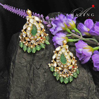 Silver Moissanite Polki with Emerald Tumble Earring, Moissanite Polki Earring, Bridal Jewelery, 925 Silver Kundan Earring, South Indian stud