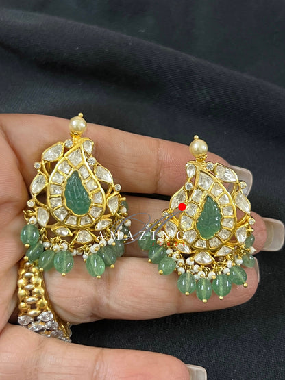 Silver Moissanite Polki with Emerald Tumble Earring, Moissanite Polki Earring, Bridal Jewelery, 925 Silver Kundan Earring, South Indian stud