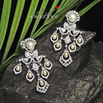 Silver Studded Cubic Zirconia Earring , Swarovski Chandeliers ,Bridal Jewelery ,Contemporary Jewelery, 925 Silver Earring, Fine Jewelery