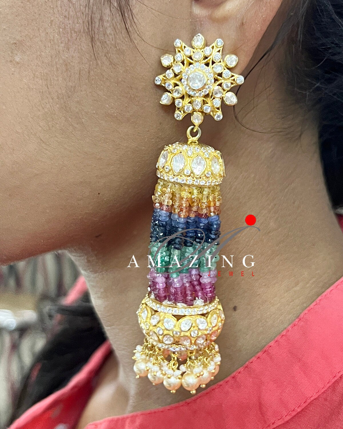 Silver Moissanite Polki Semi Precious Multi Beads Tassel Earring, Polki Earring, Wedding Jewelery, BridalWear, Jhumka, Chandelier Earring