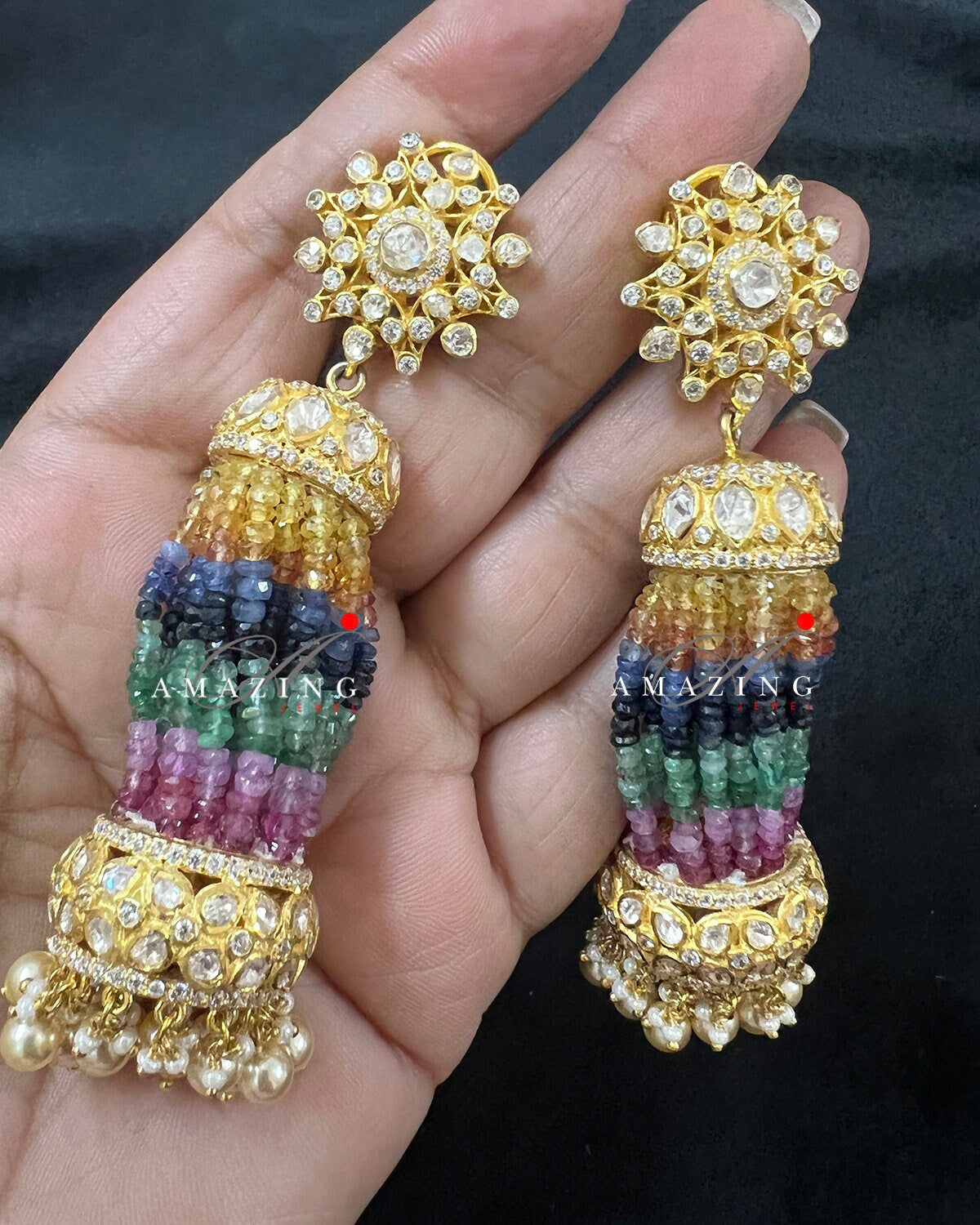 Silver Moissanite Polki Semi Precious Multi Beads Tassel Earring, Polki Earring, Wedding Jewelery, BridalWear, Jhumka, Chandelier Earring