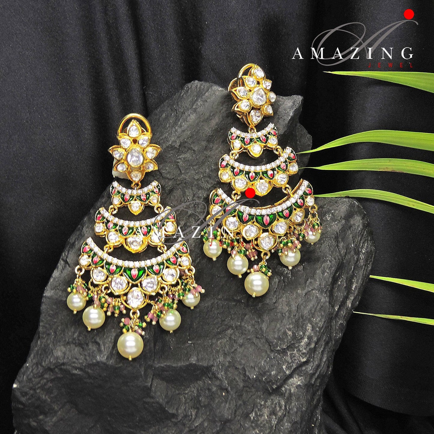 Silver Moissanite Polki with Enamel Earring, Moissanite Polki Earring, Chandelier Earrings,Bridal Jewelery, Sterling Silver Kundan Earring,