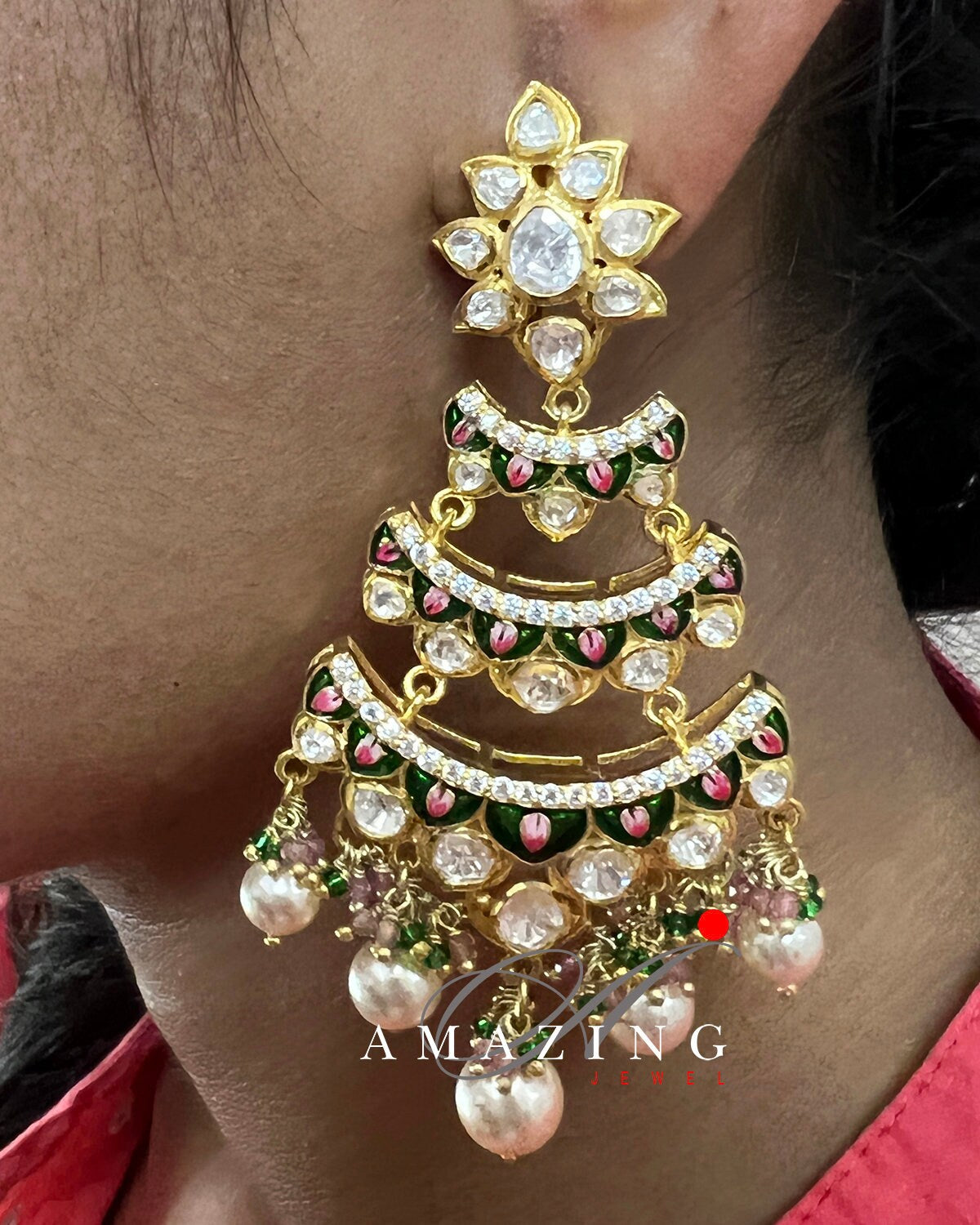 Silver Moissanite Polki with Enamel Earring, Moissanite Polki Earring, Chandelier Earrings,Bridal Jewelery, Sterling Silver Kundan Earring,