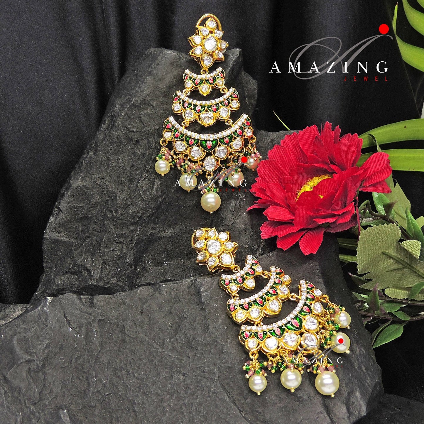 Silver Moissanite Polki with Enamel Earring, Moissanite Polki Earring, Chandelier Earrings,Bridal Jewelery, Sterling Silver Kundan Earring,