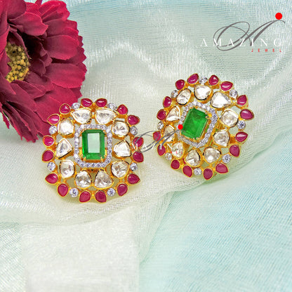 Silver Moissanite Green& Red Hydro Polki Earring, Moissanite Polki Earring, Wedding Jewelery, Indian Jewelery, Traditional Earring, Studs