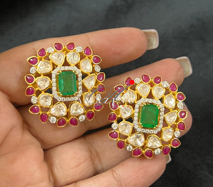 Silver Moissanite Green& Red Hydro Polki Earring, Moissanite Polki Earring, Wedding Jewelery, Indian Jewelery, Traditional Earring, Studs