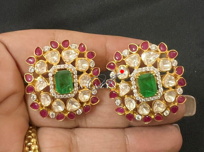 Silver Moissanite Green& Red Hydro Polki Earring, Moissanite Polki Earring, Wedding Jewelery, Indian Jewelery, Traditional Earring, Studs