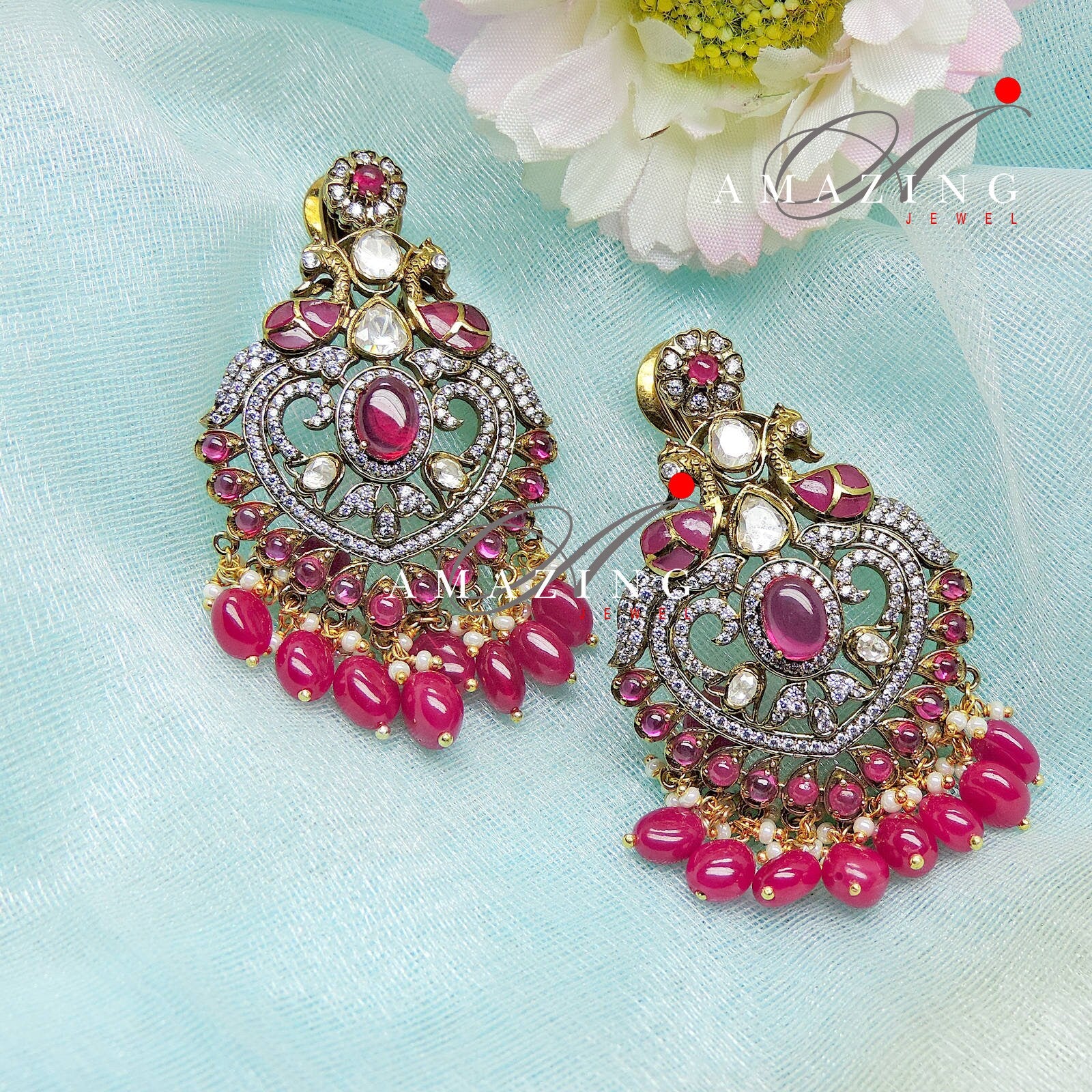 Silver Moissanite Polki & Swarovski Oxidised Earring, Wedding Jewelery, Moissanite Polki Earring, Ruby Polki Earring, Ruby Earring