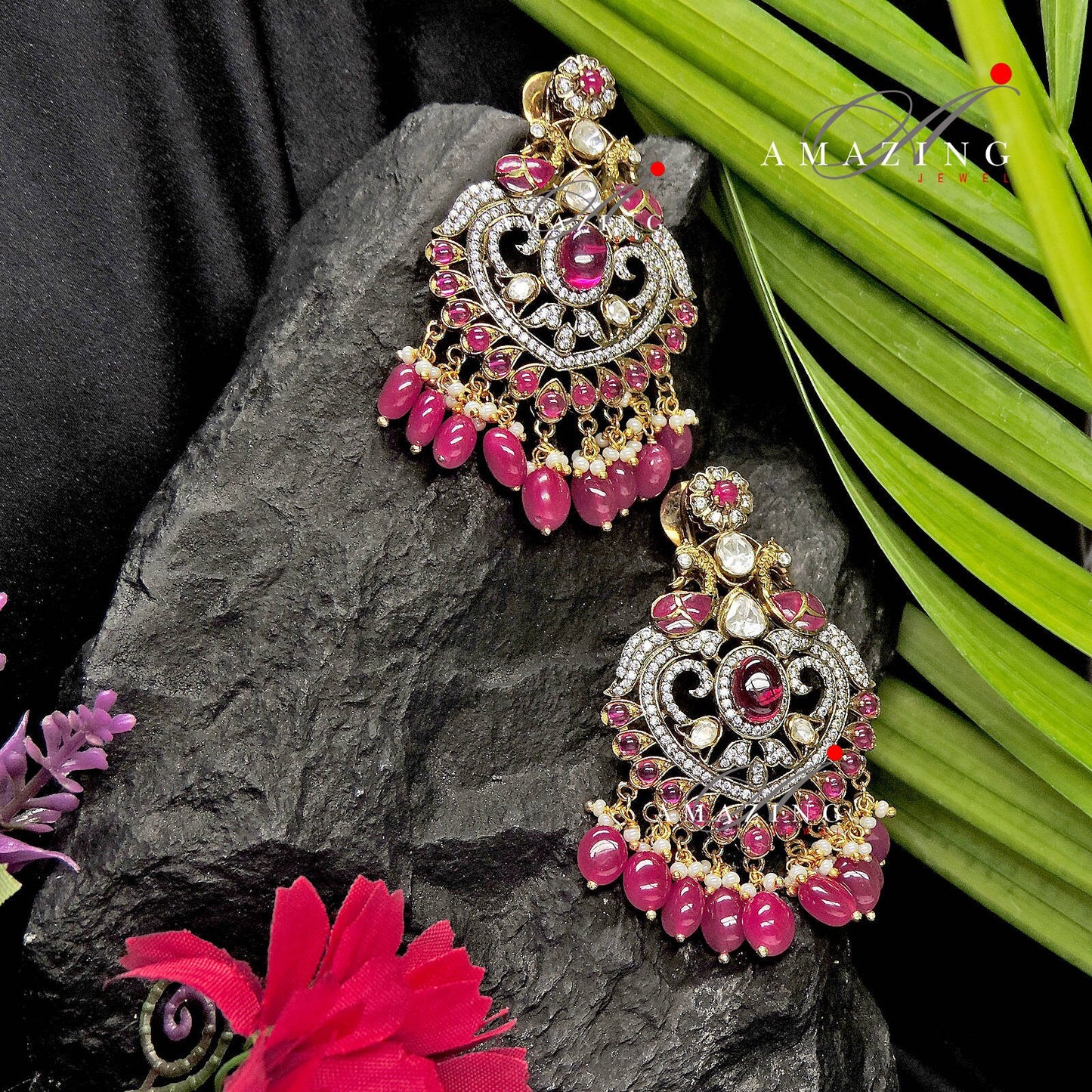 Silver Moissanite Polki & Swarovski Oxidised Earring, Wedding Jewelery, Moissanite Polki Earring, Ruby Polki Earring, Ruby Earring