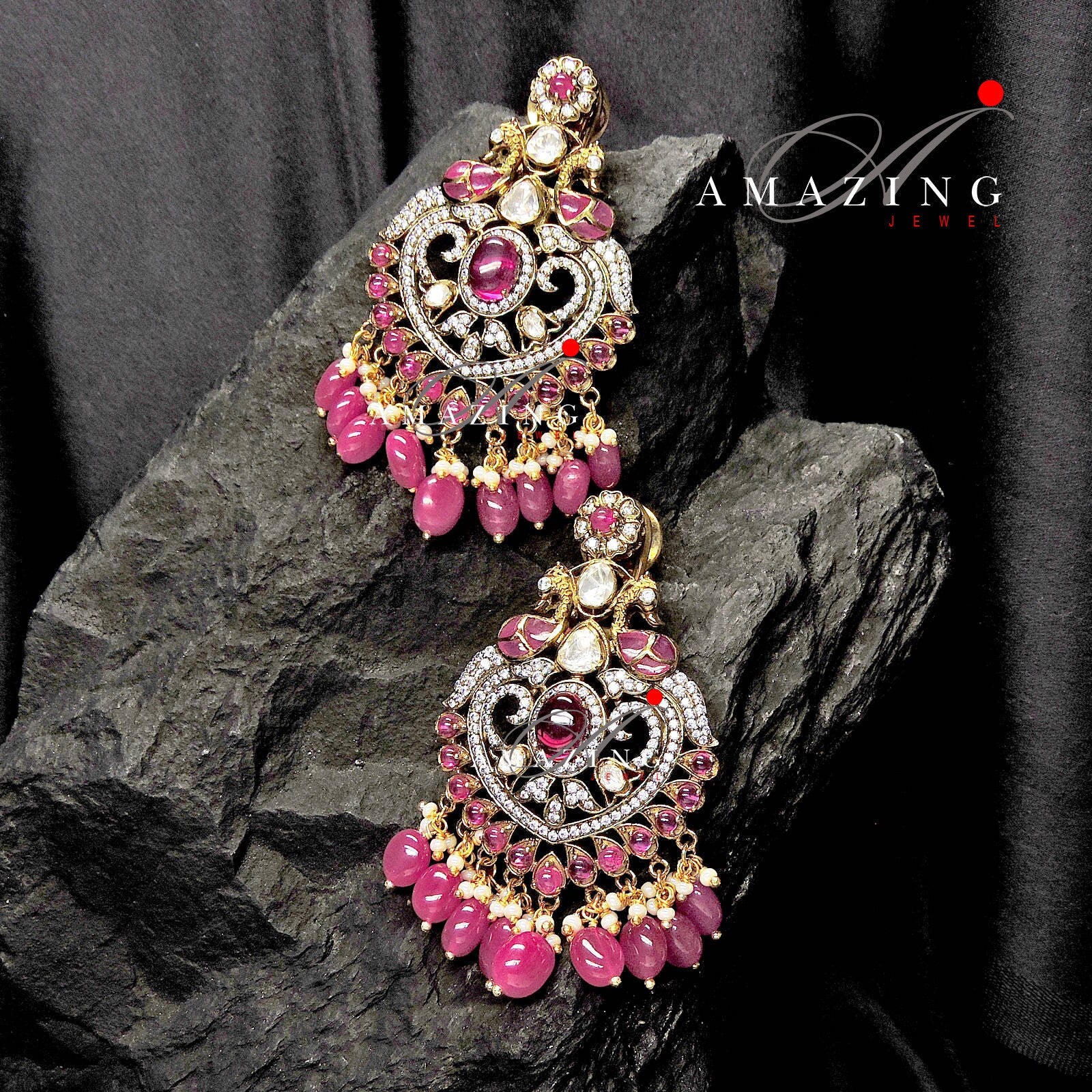 Silver Moissanite Polki & Swarovski Oxidised Earring, Wedding Jewelery, Moissanite Polki Earring, Ruby Polki Earring, Ruby Earring