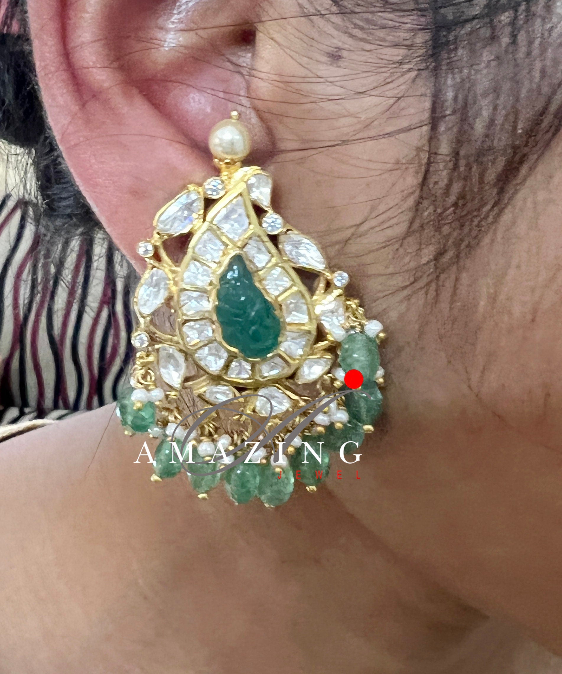 Silver Moissanite Polki with Emerald Tumble Earring, Moissanite Polki Earring, Bridal Jewelery, 925 Silver Kundan Earring, South Indian stud