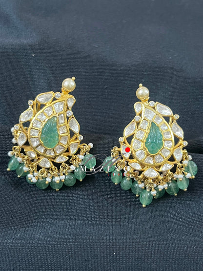 Silver Moissanite Polki with Emerald Tumble Earring, Moissanite Polki Earring, Bridal Jewelery, 925 Silver Kundan Earring, South Indian stud