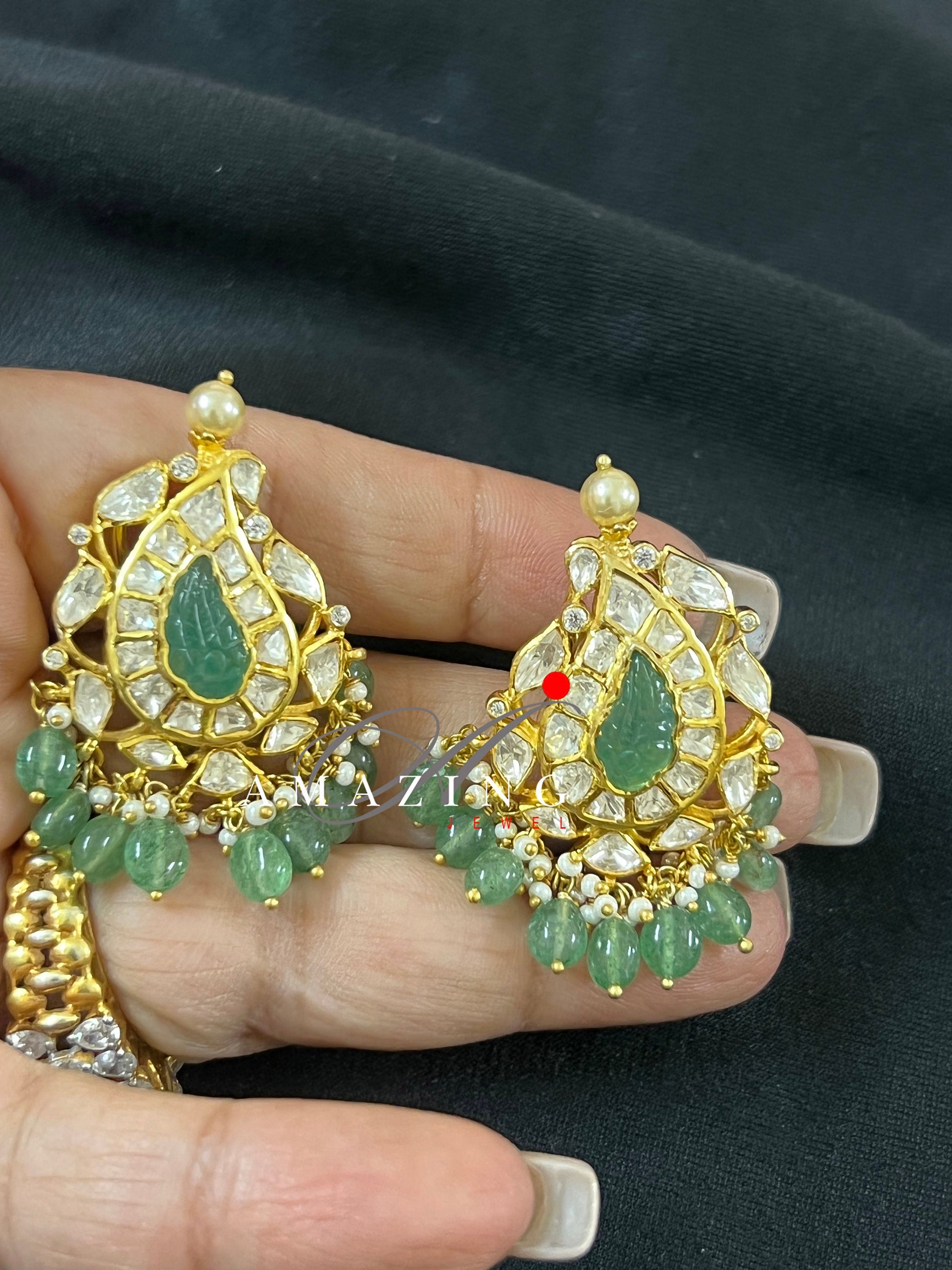 Silver Moissanite Polki with Emerald Tumble Earring, Moissanite Polki Earring, Bridal Jewelery, 925 Silver Kundan Earring, South Indian stud