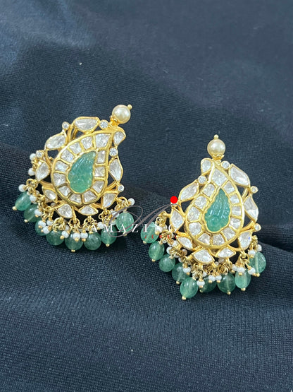 Silver Moissanite Polki with Emerald Tumble Earring, Moissanite Polki Earring, Bridal Jewelery, 925 Silver Kundan Earring, South Indian stud