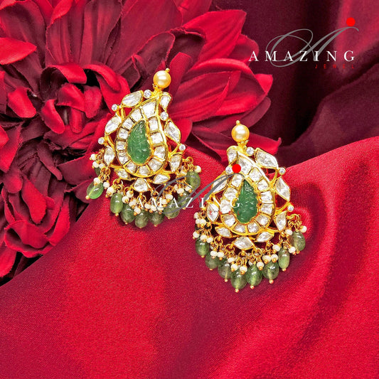 Silver Moissanite Polki with Emerald Tumble Earring, Moissanite Polki Earring, Bridal Jewelery, 925 Silver Kundan Earring, South Indian stud