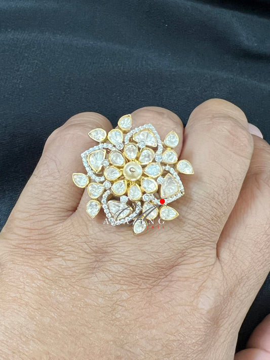 Silver Moissanite Polki Ring, Ring, Polki Ring, Moissanite Pearl Polki Ring, Indian Polki Statement Ring, Silver Cocktail Ring, Wedding ring