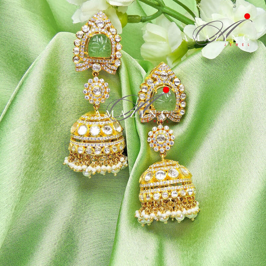 Silver Moissanite and Green Hydro Emerald Polki Earring ,Moissanite Polki Earring, Wedding Jewelery ,Indian Jewelry, Traditional Jhumka