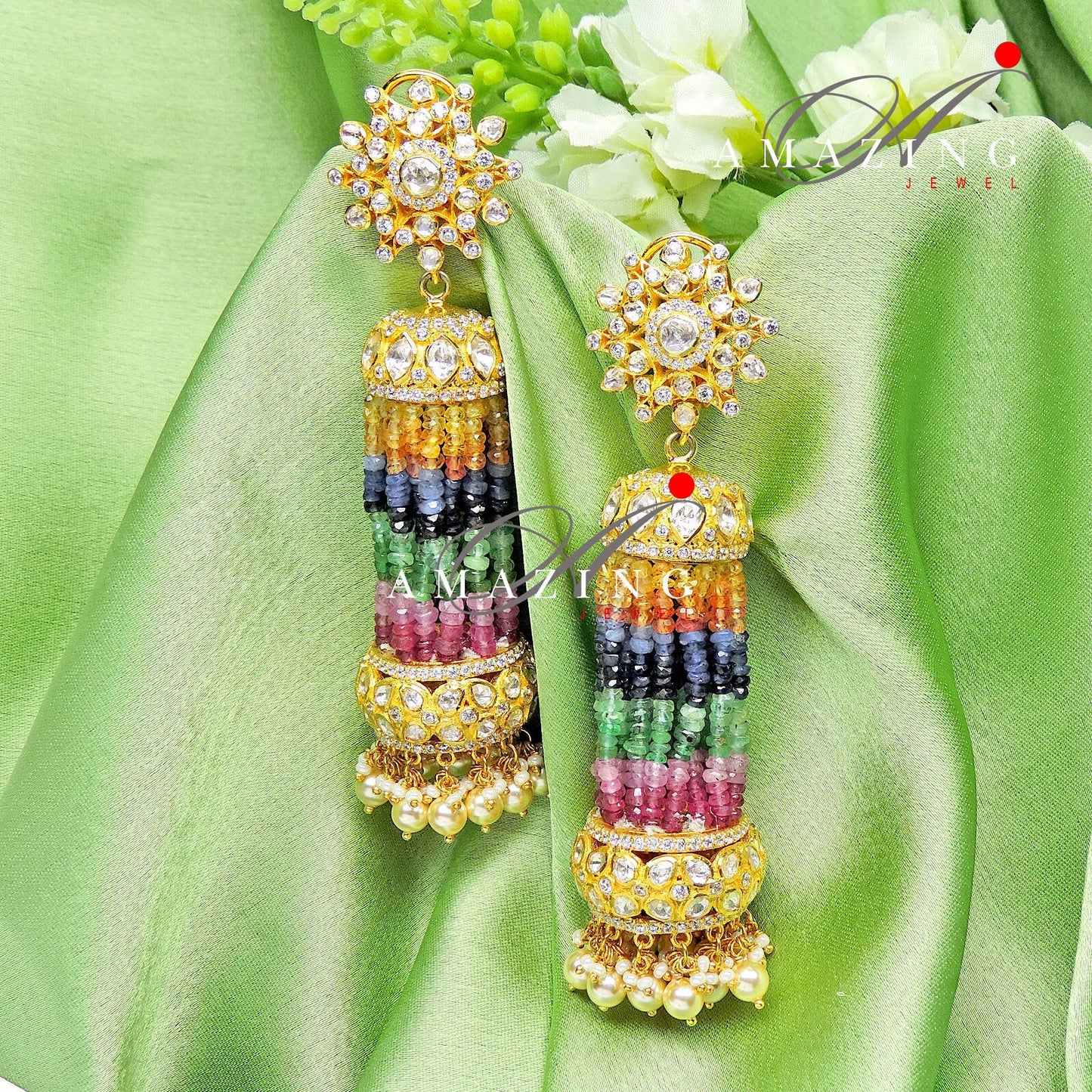 Silver Moissanite Polki Semi Precious Multi Beads Tassel Earring, Polki Earring, Wedding Jewelery, BridalWear, Jhumka, Chandelier Earring