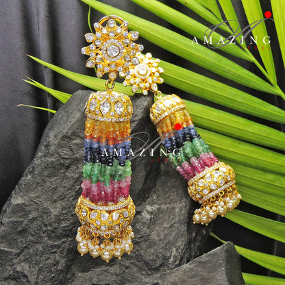 Silver Moissanite Polki Semi Precious Multi Beads Tassel Earring, Polki Earring, Wedding Jewelery, BridalWear, Jhumka, Chandelier Earring