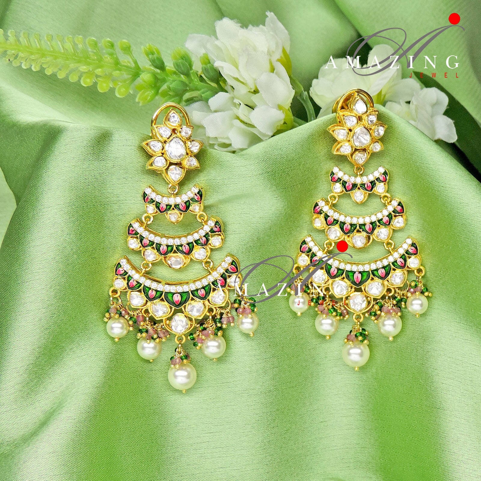 Silver Moissanite Polki with Enamel Earring, Moissanite Polki Earring, Chandelier Earrings,Bridal Jewelery, Sterling Silver Kundan Earring,