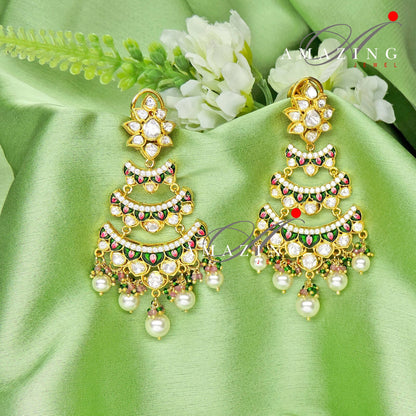 Silver Moissanite Polki with Enamel Earring, Moissanite Polki Earring, Chandelier Earrings,Bridal Jewelery, Sterling Silver Kundan Earring,