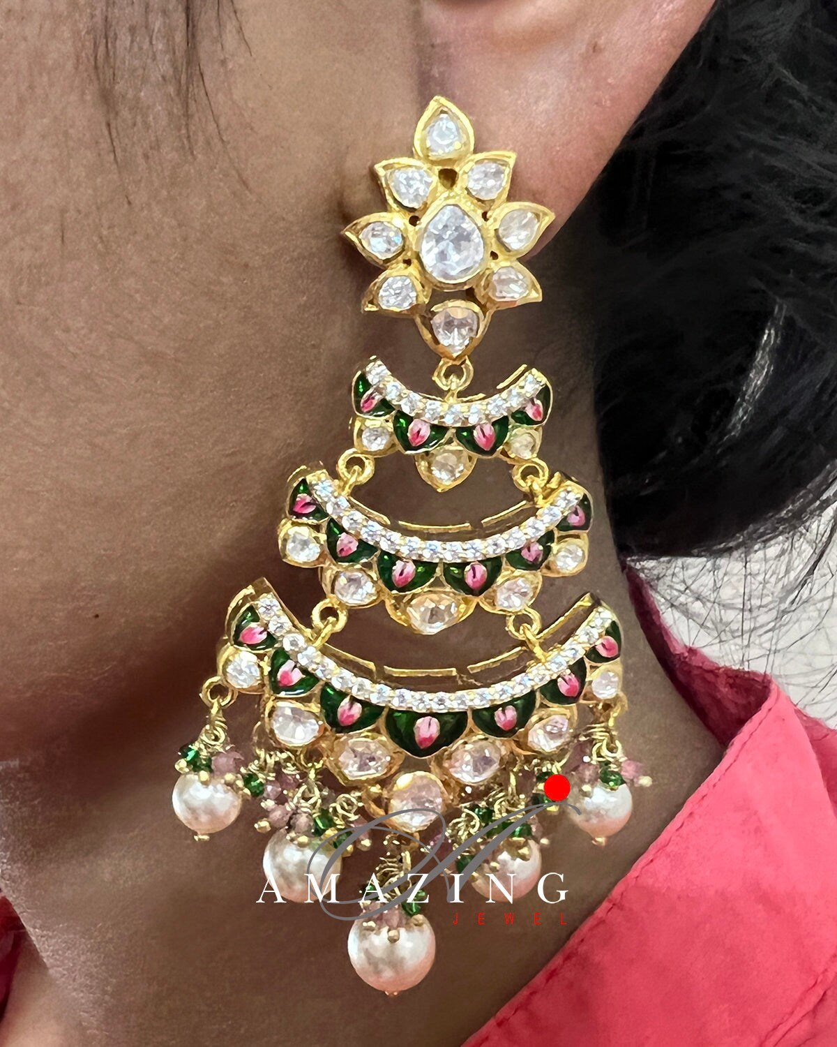 Silver Moissanite Polki with Enamel Earring, Moissanite Polki Earring, Chandelier Earrings,Bridal Jewelery, Sterling Silver Kundan Earring,