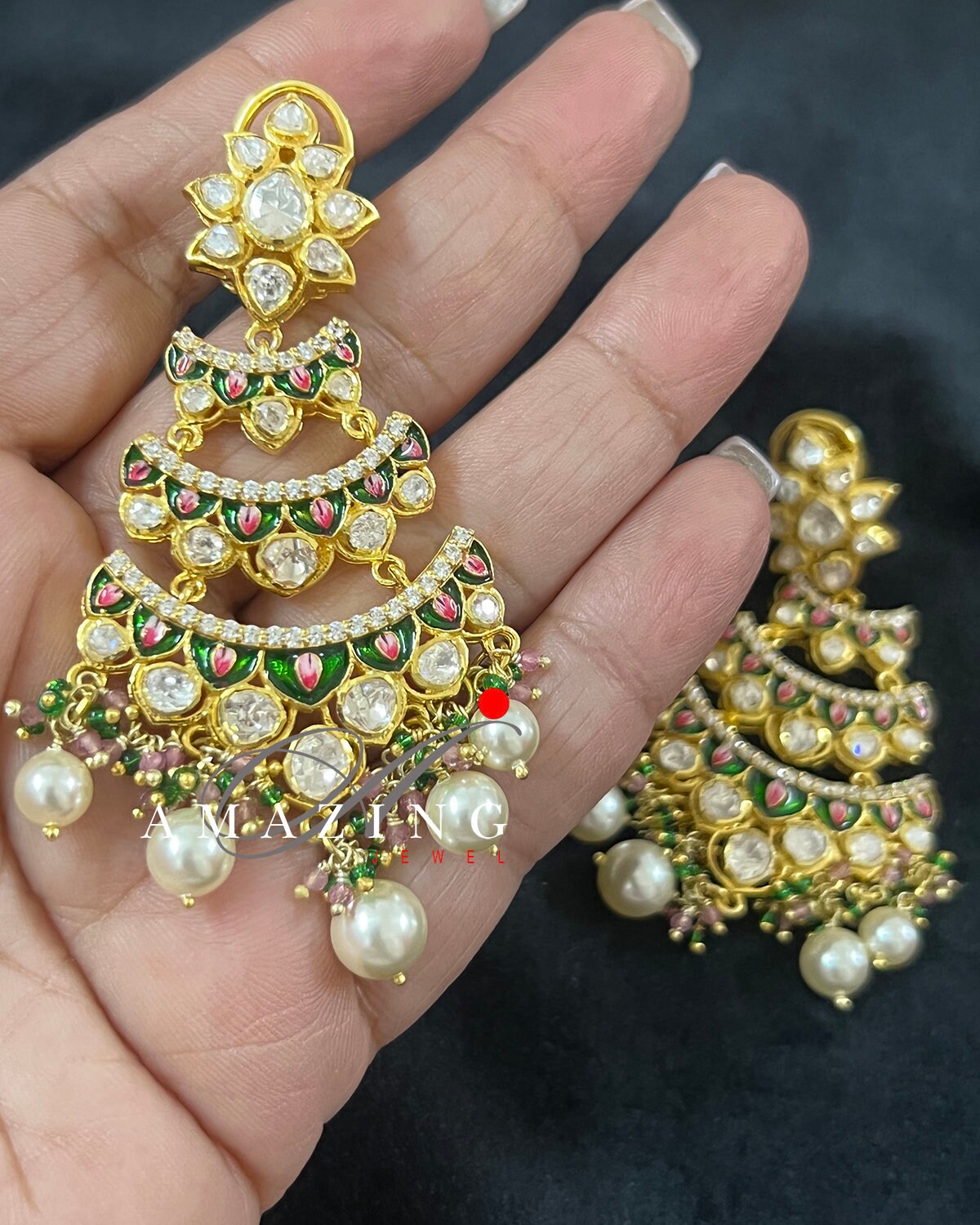 Silver Moissanite Polki with Enamel Earring, Moissanite Polki Earring, Chandelier Earrings,Bridal Jewelery, Sterling Silver Kundan Earring,